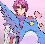  akimoto_(akimomomoto) bad_id bad_pixiv_id bird chika_(srw) heart lowres one_eye_closed pink_background purple_eyes purple_hair shuu_shirakawa super_robot_wars super_robot_wars_the_lord_of_elemental upper_body 