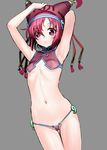  armpits arms_up bikini blush breasts covered_nipples cowboy_shot flower_knight_girl grey_background hat magatama micro_bikini navel red_eyes red_hair red_hat revealing_clothes sasayuki shiny shiny_skin short_hair small_breasts solo source_request swimsuit waremokou_(flower_knight_girl) 