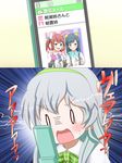  2koma 3girls amezuku animal_ears arm_warmers asagumo_(kantai_collection) asashio_(kantai_collection) black_hair bow bowtie comic commentary_request fake_animal_ears gochuumon_wa_usagi_desu_ka? green_bow green_eyes green_neckwear hairband headband highres kantai_collection long_hair multiple_girls phone photo red_hair skirt surprised suspender_skirt suspenders translation_request yamagumo_(kantai_collection) 