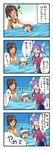  4koma ^_^ ^o^ blue_hair brown_eyes brown_hair chibi closed_eyes comic fang highres i-168_(kantai_collection) i-19_(kantai_collection) i-401_(kantai_collection) ikazuchi_(kantai_collection) kantai_collection kotanu_(kotanukiya) multiple_girls open_mouth orel_cruise partially_submerged ponytail red_eyes sailor_collar school_swimsuit shocked_eyes swim_cap swimming swimsuit swimsuit_under_clothes tan translated water younger 