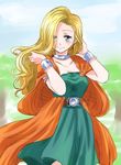  alternate_hairstyle bianca blonde_hair blue_eyes blush breasts cleavage cloak dragon_quest dragon_quest_v dress hair_down long_hair medium_breasts smile solo unya wavy_hair 