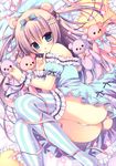  animal_ears bare_shoulders bear_ears bear_tail blue_eyes bow brown_hair cushion dress finger_to_mouth frilled_dress frilled_legwear frilled_pillow frills hair_bow hair_ornament hairclip hasune long_hair lying on_side original panties pillow puffy_short_sleeves puffy_sleeves ribbon short_sleeves solo star striped striped_bow striped_legwear stuffed_animal stuffed_toy tail teddy_bear thighhighs two_side_up underwear very_long_hair white_panties wrist_cuffs x_hair_ornament 