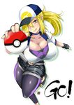 :q aoi_manabu baseball_cap belt bike_shorts black_gloves blonde_hair blush breasts choker cleavage collarbone commentary_request female_protagonist_(pokemon_go) fingerless_gloves foreshortening gloves green_eyes hair_over_one_eye hat large_breasts leggings looking_at_viewer mole mole_on_breast poke_ball pokemon pokemon_go ponytail short_shorts shorts smile solo sweat tongue tongue_out 