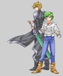  akimoto_(akimomomoto) bad_id bad_pixiv_id blonde_hair elan_zenosakis full_body gloves green_eyes green_hair grey_background height_difference jacket male_focus masaki_andoh multiple_boys pauldrons super_robot_wars super_robot_wars_the_lord_of_elemental sword weapon 