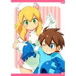  1girl arm_up bandaged_arm bandages blonde_hair blush brown_hair furrowed_eyebrows gloves green_eyes hat headwear_removed helmet helmet_removed injury inou_shin nurse_cap one_eye_closed outline rockman rockman_(character) rockman_(classic) roll short_sleeves sidelocks wince 