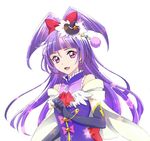  black_gloves bow bracelet cape crystal cure_magical earrings elbow_gloves eyebrows eyelashes genjuu_hirata gloves hair_bow hat izayoi_liko jewelry long_hair mahou_girls_precure! mini_hat mini_witch_hat open_mouth precure purple_eyes purple_hair smile solo star upper_body witch_hat 