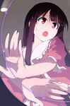  :o black_hair commentary_request foreshortening hands houraisan_kaguya japanese_clothes long_hair maimai_(game) nurupo_(abooon) open_hands open_mouth sleeves_rolled_up solo sweat touhou 