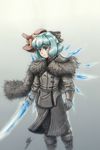  a_song_of_ice_and_fire artist_name bad_source blue_eyes blue_hair bow cape cirno coat crossover game_of_thrones gloves highres holding holding_weapon isaki_tanaka mask solo sword tengu_mask touhou weapon 
