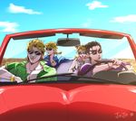  3boys aruti black_hair blonde_hair blue_sky book bracelet braid candy car cloud collarbone convertible day dio_brando double_bun driving earrings father_and_daughter father_and_son food giorno_giovanna ground_vehicle jewelry jojo_no_kimyou_na_bouken kuujou_jolyne kuujou_joutarou lollipop motor_vehicle multicolored_hair multiple_boys pendant reading single_braid sky stud_earrings sunglasses two-tone_hair wrist_cuffs 