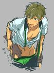  1boy blush brown_hair free! green_eyes male_focus necktie school_uniform sweat tachibana_makoto underwear undressing 