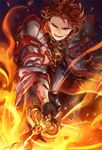  armor fire granblue_fantasy holding holding_weapon male_focus open_mouth percival_(granblue_fantasy) red_eyes red_hair smile solo weapon yorukage 