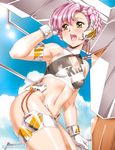  blush breasts copyright covered_nipples day highres kill_time_communication medium_breasts navel nipples official_art open_mouth pink_hair see-through solo urushihara_satoshi yellow_eyes 