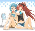  arm_support bare_legs barefoot blue_eyes blue_hair bow denim denim_shorts electric_fan fan food food_in_mouth fukutarou_(enji127) hair_bow hair_ornament hair_ribbon hairclip hot long_hair mahou_shoujo_madoka_magica miki_sayaka mouth_hold multiple_girls navel ponytail popsicle red_eyes red_hair ribbon sakura_kyouko short_hair shorts sitting spread_legs strap_slip sweat tank_top unbuttoned watermelon_bar 