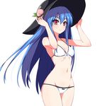  alternate_costume bikini blue_hair blush bow_bikini breasts cameltoe cleavage dezuko_(dezuko_no_heya) food front-tie_bikini front-tie_top fruit groin hands_on_headwear hat hat_tug highres hinanawi_tenshi leaf long_hair looking_at_viewer lowleg lowleg_bikini navel peach simple_background small_breasts smile solo swimsuit touhou very_long_hair white_background white_bikini 