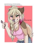  2015 5_fingers anthro braided_hair canine clothed clothing english_text eyelashes female fingers fur gradiewoof grey_nose hair heterochromia ita mammal navel pointing solo tan_fur text white_fur white_hair wolf 