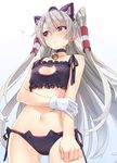  3: amatsukaze_(kantai_collection) animal_ears ass_visible_through_thighs bell bell_choker black_bra black_panties blush bra breasts brown_eyes cat_cutout cat_ears cat_lingerie choker cleavage_cutout gloves hat heart jingle_bell kantai_collection long_hair looking_away meme_attire navel panties revision side-tie_panties silver_hair simple_background single_glove small_breasts solo sweatdrop two_side_up underwear underwear_only v-shaped_eyebrows white_background white_gloves yahako 