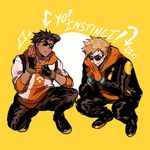  dark_skin dark_skinned_male english fingerless_gloves gloves hood hoodie kendy_(revolocities) male_focus male_protagonist_(pokemon_go) multiple_boys orange_gloves pokemon pokemon_(game) pokemon_go simple_background spark_(pokemon) squatting sunglasses team_instinct visor_cap wristband yellow_background 