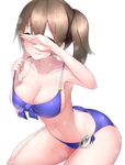  artist_name bangs bare_arms bikini blue_bikini blush boruhis breasts brown_hair character_name cleavage closed_mouth collarbone covering_eyes eyebrows eyebrows_visible_through_hair front-tie_top hair_between_eyes kaga_(kantai_collection) kantai_collection large_breasts long_hair motion_lines navel side-tie_bikini side_ponytail simple_background smile solo stomach sweat swimsuit white_background 