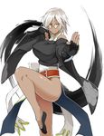  bare_legs bare_shoulders belt breasts chinese_clothes dark_skin echigo_(shiro_maru) fighting_stance fingerless_gloves glasses gloves grey_hair large_breasts looking_at_viewer original shiro_maru short_hair smile solo yellow_eyes 