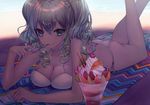  ass bikini blue_eyes breasts choker cleavage food ice_cream jpeg_artifacts kantai_collection kashima_(kantai_collection) large_breasts looking_at_viewer lying mins_(minevi) mouth_hold on_stomach outdoors parfait shade side-tie_bikini silver_hair smile solo spoon spoon_in_mouth sundae swimsuit two_side_up 