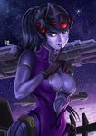  2016 black_gloves bodysuit breasts center_opening cleavage dated finger_to_mouth gloves hand_on_hip head_mounted_display highres large_breasts lips long_hair looking_at_viewer night night_sky nose overwatch parted_lips pink_bodysuit ponytail purple_hair purple_skin ryu_shou sky solo star_(sky) starry_sky upper_body very_long_hair visor widowmaker_(overwatch) yellow_eyes 