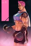  abs absurdres bike_shorts breasts dumbbell exercise from_side highres large_breasts looking_at_viewer mothman_(the_m0thman) muscle muscular_female nose overwatch pink_hair short_hair shorts sideboob solo sports_bra sweat tattoo very_short_hair weights zarya_(overwatch) 