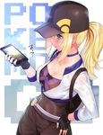  baseball_cap blue_eyes blush breasts cellphone choker cleavage female_protagonist_(pokemon_go) fingerless_gloves gloves hand_on_hip hat hot large_breasts long_hair matanonki open_mouth phone pokemon pokemon_go ponytail see-through smartphone solo sweat wet wet_clothes 