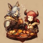  1girl :t alcohol animal_ears bangs beer beer_mug blue_hair blush bowl bread breasts brown_background brown_gloves cleavage cloak closed_eyes cow_horns cup drang_(granblue_fantasy) draph earrings eating erune flipped_hair food fork gloves granblue_fantasy hair_over_one_eye holding holding_cup holding_fork holding_knife hood hood_down hooded_cloak horns jewelry knife laughing long_hair long_sleeves looking_at_another meal meat medium_breasts mismatched_gloves multiple_piercings open_mouth red_hair sausage short_hair shoulder_armor side-by-side smile spaulders sturm_(granblue_fantasy) table tablecloth tankard upper_body vegetable zinnkousai3850 