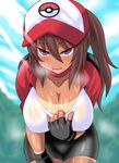  bent_over bike_shorts blush breasts brown_hair cleavage cleavage_reach female_protagonist_(pokemon_go) hat heavy_breathing hot konno_tohiro large_breasts long_hair looking_at_viewer naughty_face pokemon pokemon_go ponytail purple_eyes shirt_pull smile solo sweat tan tanline tsurime 