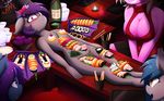  2016 absurd_res anthro bat_pony bat_wings big_breasts blue_hair blush breasts candle cleavage clothed clothing cup earth_pony equine fan_character fangs female food food_play glass grin group hair hi_res horse inside lying mammal membranous_wings my_little_pony nolegs_(oc) nyotaimori on_back open_mouth pony purple_hair racket_rhine replica_(artist) reppy smile spread_wings sushi wings 