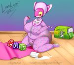  alien big_breasts bottle breasts bulge cuddly cute diaper english_text feces female invalid_color invalid_tag limlam messy messy_diaper milk onesie overweight pacifier slightly_chubby solo text topa url voluptuous wet 