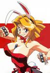  90s animal_ears between_breasts blonde_hair blue_eyes brass_knuckles breasts bunny_ears bunnysuit cleavage detached_collar erilin_goldsmith grin large_breasts leotard official_art pantyhose red_leotard short_hair side-tie_leotard smile solo variable_geo weapon 