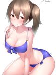  artist_name bangs bare_arms between_legs bikini blue_bikini blush boruhis breasts brown_eyes brown_hair cleavage closed_mouth collarbone eyebrows eyebrows_visible_through_hair front-tie_top hair_between_eyes hand_between_legs highres kaga_(kantai_collection) kantai_collection large_breasts long_hair looking_at_viewer motion_lines side-tie_bikini side_ponytail simple_background solo stomach sweat swimsuit white_background 