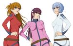  3girls ass ayanami_rei blue_eyes blue_hair bodysuit breasts brown_hair cowboy_shot glasses green_eyes hand_on_hip light_smile long_hair makinami_mari_illustrious multiple_girls neon_genesis_evangelion parted_lips purple_hair red_eyes short_hair sideboob simple_background skin_tight soryu_asuka_langley standing uchuu_senkan_yamato_(cosplay) watanabe_yasuaki white_background 