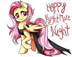  2016 alpha_channel bat_pony bat_wings clothed clothing dragonfoxgirl_(artist) dress english_text equine fangs female feral flutterbat_(mlp) fluttershy_(mlp) friendship_is_magic fur hair hybrid looking_at_viewer mammal membranous_wings my_little_pony pink_hair red_eyes simple_background slit_pupils smile solo text transparent_background wings yellow_fur 