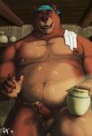  2015 5_fingers anthro balls bandanna bear biceps brown_fur brown_nipples brown_nose brown_penis claws detailed_background digital_media_(artwork) food front_view fur green_eyes hi_res honey honey_pot humanoid_penis inside licking licking_lips looking_at_viewer male mammal musclegut muscular muscular_male navel nipple_piercing nipples nude open_mouth pecs penis piercing portrait pottery rov signature slightly_chubby solo suggestive suggestive_food teeth three-quarter_portrait tongue tongue_out uncut 