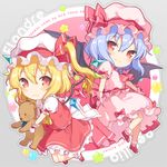  6u_(eternal_land) ascot bat_wings blonde_hair blue_hair blush bobby_socks bow brooch character_name chibi commentary_request crystal flandre_scarlet frilled_shirt_collar frills hat hat_ribbon jewelry lowres mary_janes mob_cap multiple_girls puffy_short_sleeves puffy_sleeves red_bow red_eyes red_footwear red_ribbon remilia_scarlet ribbon shoes short_hair short_sleeves siblings side_ponytail sisters skirt skirt_set smile socks stuffed_animal stuffed_toy teddy_bear touhou white_legwear wings wrist_cuffs 