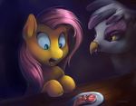  absurd_res avian beak blue_eyes duo eyelashes female feral fluttershy_(mlp) friendship_is_magic gilda_(mlp) gryphon hair hi_res hooves meat my_little_pony open_mouth pink_hair plate table teeth tongue viwrastupr 