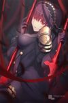  artist_name between_breasts blurry bodysuit breasts depth_of_field fate/grand_order fate_(series) gae_bolg highres long_hair magicians_(zhkahogigzkh) medium_breasts parted_lips pauldrons polearm purple_hair red_eyes scathach_(fate)_(all) scathach_(fate/grand_order) skin_tight solo spear veil watermark weapon 