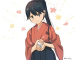  artist_name bad_id bad_twitter_id black_eyes black_hair food hakama houshou_(kantai_collection) japanese_clothes kantai_collection long_hair onigiri ponytail solo ume_(plumblossom) 