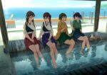  4girls akagi_(kantai_collection) arm_support backlighting bare_legs barefoot blew_andwhite blue_hair blue_sky blush breasts brown_eyes brown_hair choko_(cup) closed_mouth commentary_request cup day eye_contact green_eyes green_hair hakama_skirt hand_up highres hiryuu_(kantai_collection) holding horizon japanese_clothes kaga_(kantai_collection) kantai_collection large_breasts long_hair long_sleeves looking_at_another medium_breasts multiple_girls muneate ocean one_eye_closed open_mouth own_hands_together ripples short_hair side_ponytail sitting sky smile soaking_feet souryuu_(kantai_collection) talking tasuki tokkuri tray twintails wide_sleeves 