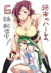  alcohol bent_over blue_eyes boots braid breast_rest breasts breasts_on_head cleavage downblouse dress flat_chest garter_belt green_hair hand_on_hip hand_on_own_face large_breasts miniskirt multiple_girls pink_hair ponytail purple_hair ryuuzouji_akane_(shuumatsu_no_harem) short_shorts shorts shouno_kotarou shuumatsu_no_harem single_braid skirt tank_top translated yamada_sui yellow_dress 