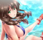  bangs bare_shoulders bikini blue_bikini blue_eyes braid breasts brown_hair green_eyes kantai_collection large_breasts long_hair looking_at_viewer looking_back midoriiro_no_shinzou no_socks noshiro_(kantai_collection) open_mouth red_footwear shoes sitting smile sneakers solo sweat swept_bangs swimsuit twin_braids water 