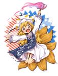  american_flag blonde_hair blush_stickers clownpiece cosplay dress fairy_wings fire fox_tail full_body harusame_(unmei_no_ikasumi) hat jester_cap long_hair long_sleeves looking_at_viewer ofuda open_mouth pink_eyes simple_background smile solo star striped tabard tail teeth torch touhou white_dress wings yakumo_ran yakumo_ran_(cosplay) 