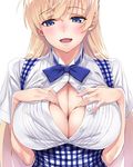  bangs blonde_hair blue_eyes blush bow bowtie breast_suppress breasts cleavage flipped_hair highres huge_breasts koubeya_uniform matsuryuu mayuri_mariani no_bra nose_blush open_clothes open_shirt original paizuri_invitation shirt simple_background skindentation smile solo spread_cleavage unbuttoned underbust upper_body waitress white_background 