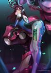  absurdres acronym arched_back arm_cannon arm_support armor ass bangs bodysuit boots bracer breasts brown_eyes brown_hair bubble_blowing charm_(object) chewing_gum d.va_(overwatch) eyelashes facepaint facial_mark from_side gatling_gun gloves gun headphones highres hips holding holding_gun holding_weapon leaning_forward long_hair long_sleeves looking_at_viewer mecha medium_breasts meka_(overwatch) o-pan overwatch pauldrons pilot_suit shiny shiny_skin shoulder_pads signature skin_tight solo swept_bangs thigh_boots thigh_strap thighhighs thighs watermark weapon web_address whisker_markings white_footwear white_gloves 