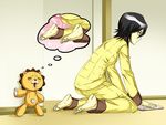  1girl barefoot black_hair bleach book drooling feet kneeling kon kuchiki_rukia pajamas reading short_hair sitting soles stuffed_animal toes 