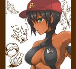  1girl black_hair breasts cleavage dark_skin dengeki!_pikachu dyson_(edaokunnsaikouya) dyson_giga_drain female fingerless_gloves gloves green_eyes gym_leader hat kasumi_(pokemon) large_breasts metapod nintendo one-piece_swimsuit pikachu poke_ball pokemon pokemon_(manga) short_hair sideboob sling_bikini solo swimsuit 