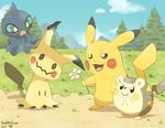  2016 amazing_background ambiguous_gender black_eyes blue_body blue_eyes blush brown_body cyan_sclera detailed_background flower forest grass grey_body group mimikyu mountain nintendo open_mouth open_smile pikachu plant pok&eacute;mon rosy_cheeks sapphire_luna shuppet sky togedemaru tree video_games white_body white_pupils yellow_body yellow_cheeks yellow_pupils 