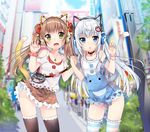  2girls animal_ears bell blue_eyes blush brown_hair choker copyright_request duji_amo fang female green_eyes grey_hair hand_holding headphones jewelry long_hair multiple_girls nail_polish nekomimi overalls ribbon shorts skirt tail thighhighs tied_hair tuji twintails 